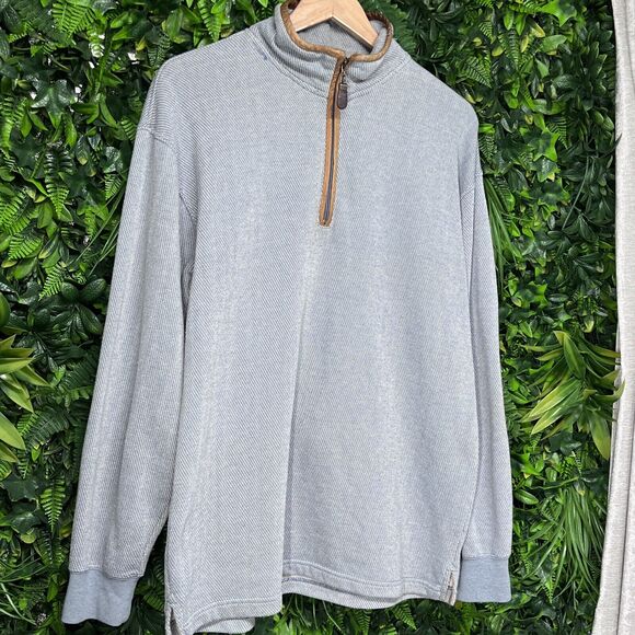 ORVIS Men Tweed Pull Over Medium Blue Sweater 1/4 Zip Leather Trim 2331 - Picture 1 of 11